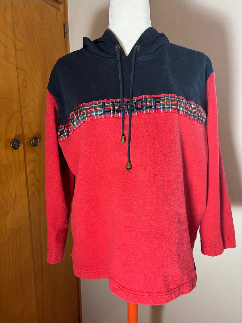 Vintage Liz Claiborne Red and Navy Hooded Pullover Sweater